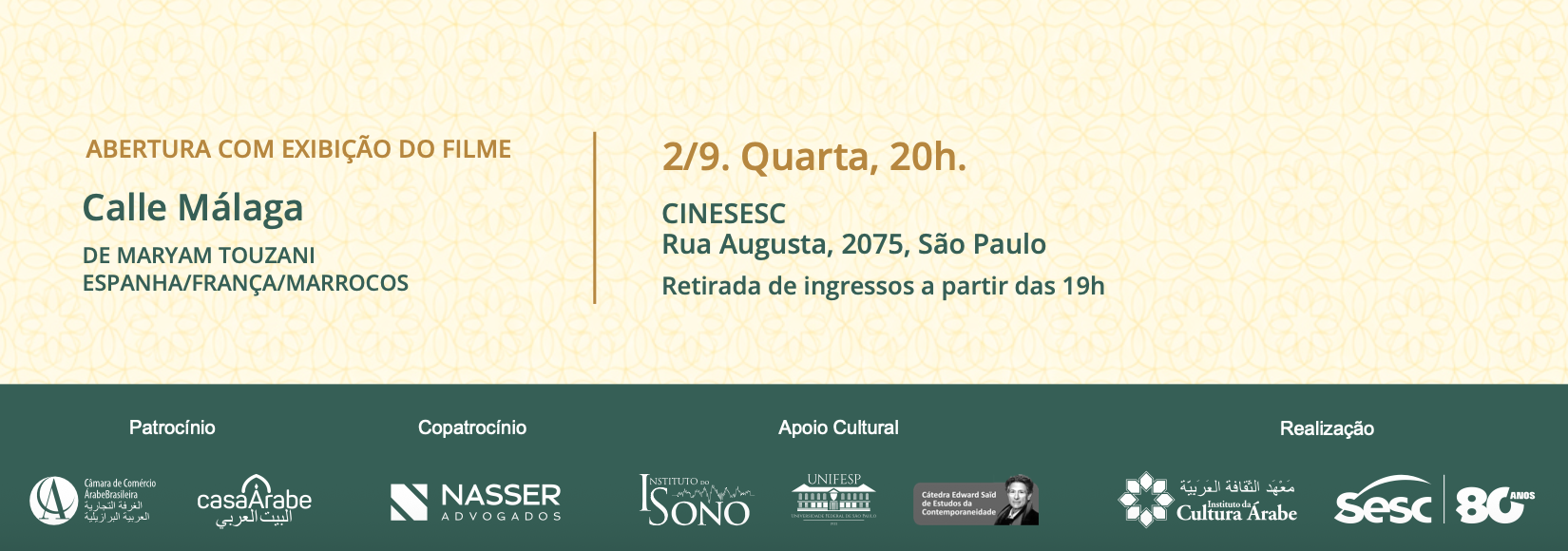 Faixa institucional com os logos de patrocínio, copatrocínio, apoio cultural e realização da 21ª Mostra Mundo Árabe de Cinema